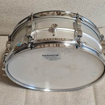 Ludwig No. 404 Acrolite 5x14" 8-Lug Aluminum Snare Drum with Pointed Blue/Olive Badge 1969 - 1979 - Matte Aluminum image 8