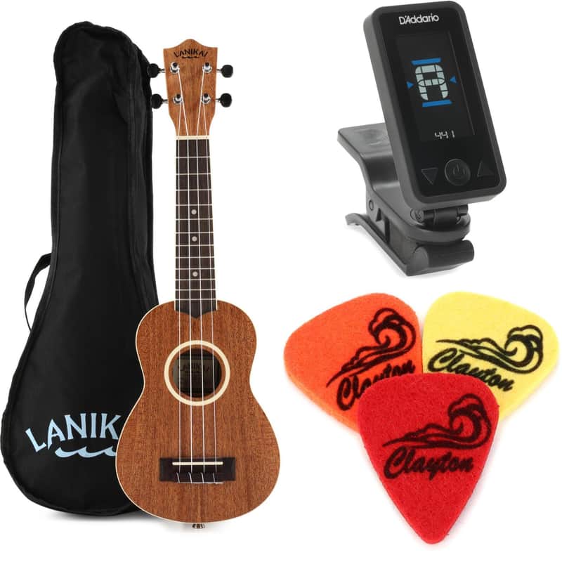 Lanikai LU Series Soprano Ukulele Essentials Bundle with Gig Bag Tuner Felt Picks and Ukulele Chord Chart image 1