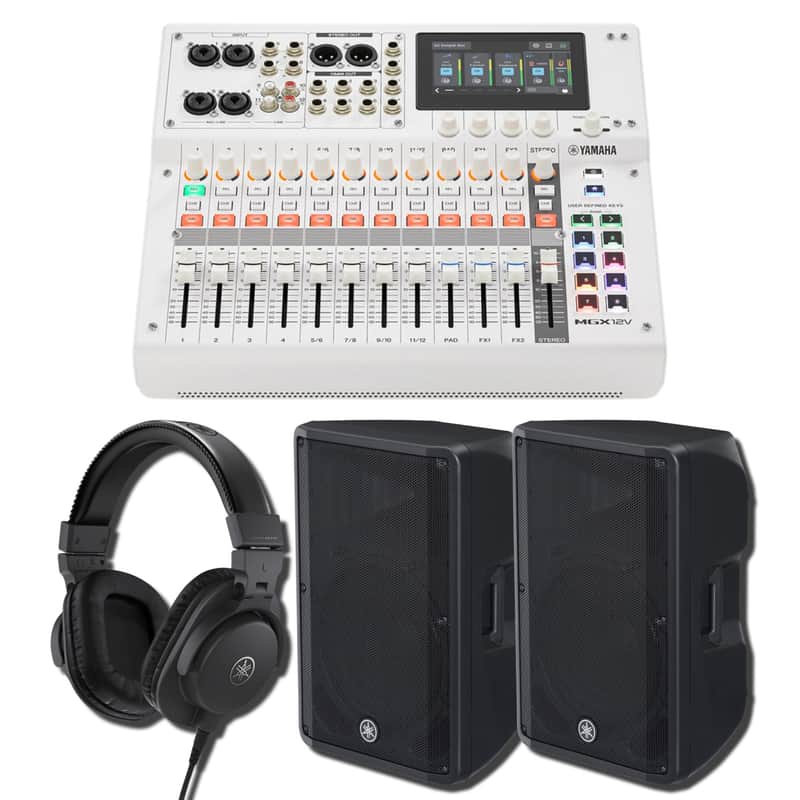 Yamaha MGX12V W 18-Channel Digital Mixing Console with HDMI 4K Video Interface, Two DBR15 15-Inch 1,000W Powered Loudspeakers, and HPH-MT5 Studio Monitor Headphones — White On-Camera Streaming and Monitoring PA Bundle image 1