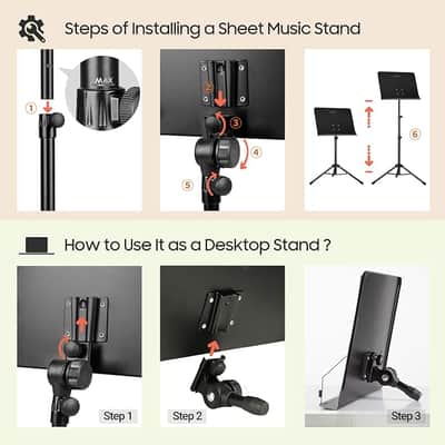 5 in 1 Dual-use Sheet Music Stand & Desktop Book Stand Metal Portable Solid Back Height Adjustable from 31.4-57in with Book Stand Support, Carrying Bag, Sheet Music Folder and Clip image 4