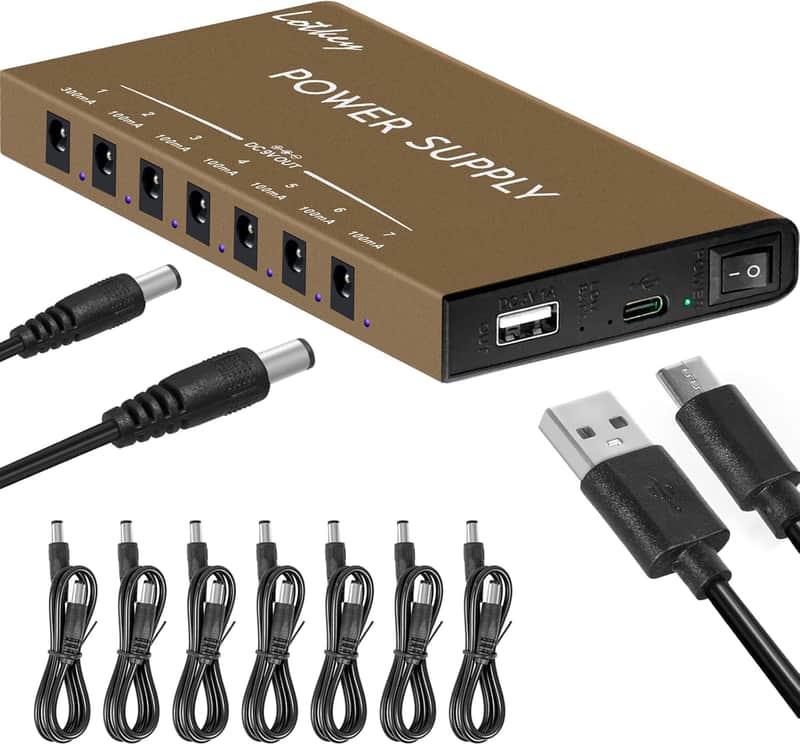 Guitar Pedal Power Supply,Lotkey Power Supply Portable 7 Isolated DC Output Built-in Rechargeable Battery Power Supply for 9V Guitar Bass Effect Pedals with USB Port for iPhone iPad image 1