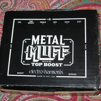 less than light average wear condition Electro Harmonix EMPTY BOX and original Owner's Manual ONLY for EXO Metal Muff with Top Boost pedal (NO pedal, NO warranty / registration paperwork) BOX: Cardboard / BOX Color: Black / GRAPHIC: Black & White, White image 3