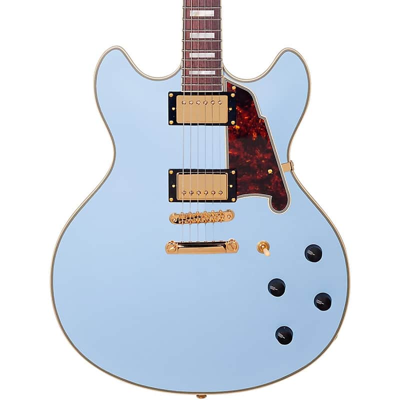 D'Angelico Deluxe Series Limited Edition DC Non F-Hole Semi-Hollowbody Electric Guitar Regular Matte Powder Blue Tortoise Pickguard image 1