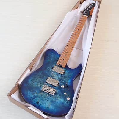 Custom Blue Burl Wood Top Electric Guitar, HH Pickups, Okoume Body, Roasted Maple Neck, 22 Frets Fingerboard image 2