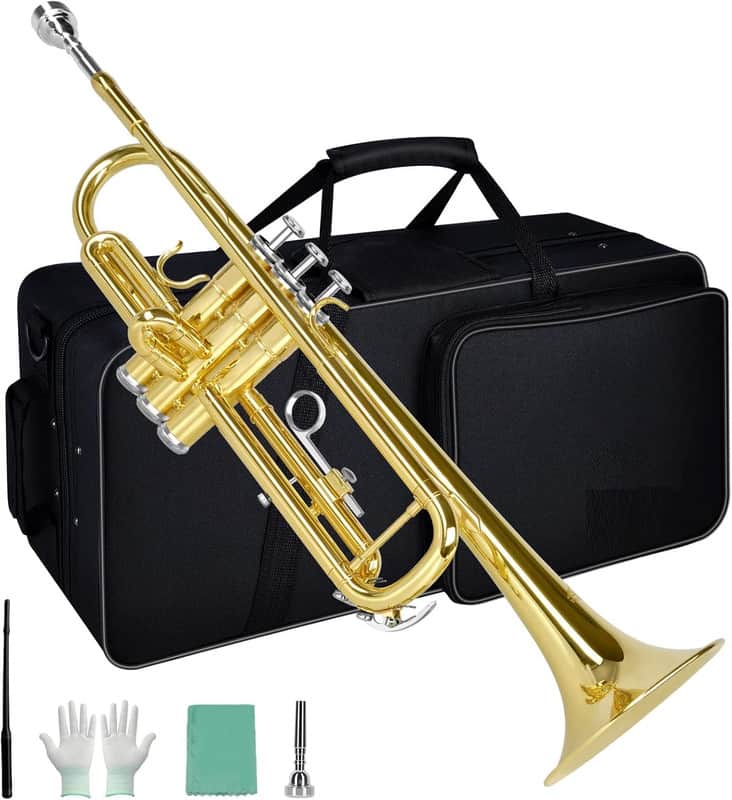 Bb Trumpet Standard Trumpet Set with Carrying Case,Gloves, 7C Mouthpiece and Cleaning Kit (Gold) image 1