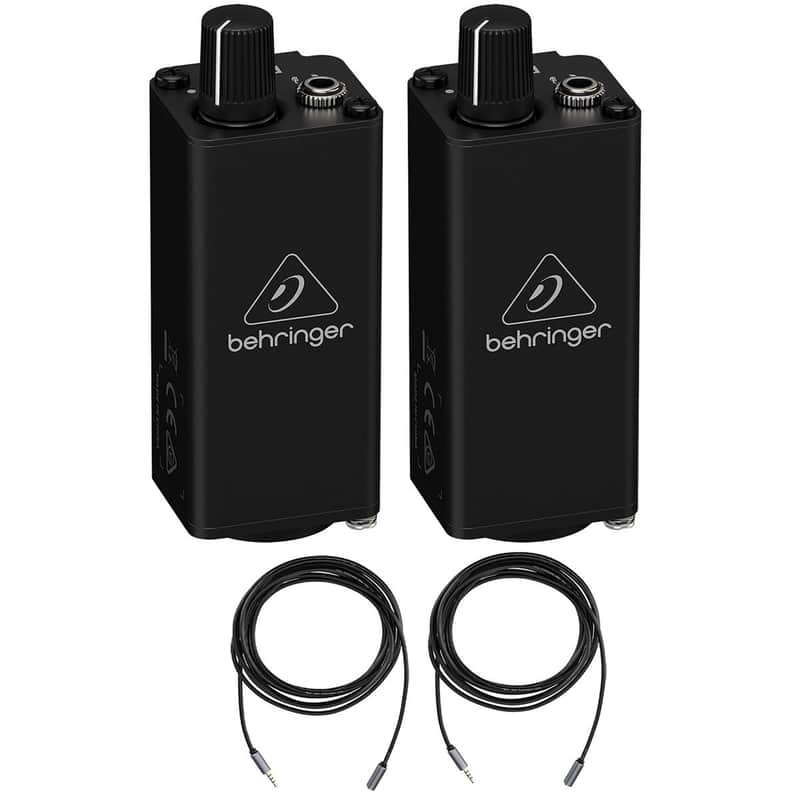 Behringer Powerplay PM1 Personal In-Ear Monitor Belt-Pack, 2-Pack, Bundle with 2x 10' Stereo Mini Male to Stereo Mini Female Headset Extension Cable image 1