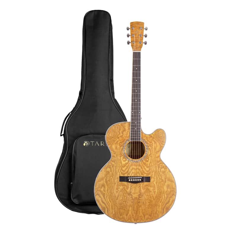 TARIO 41'' Acoustic Electric Cutaway Guitar Antique Jumbo Body Curly Ash body Okoume Neck Natural image 1