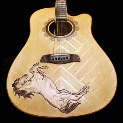 Acoustic Guitar Handmade by Blueberry, 6 String Wood Horse Motif Guitar,Custom Handcrafted Wooden Guitar, Dreadnought Guitar,Steel String image 3