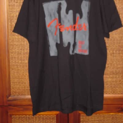 new (no tags) A+ genuine Fender Built to Inspire short sleeve T-Shirt, Black, size XL (X-Large), 100% Cotton, part # (p/n): 9112000606, Black Shirt with Gray, Red, & Black GRAPHIC image 1