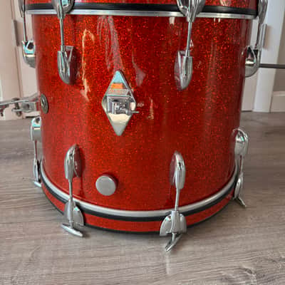 Gretsch  1962 Era Round Badge Progressive Jazz Bop Drum Set 18 Inch Bass Drum Tangerine Glass Glitter image 23