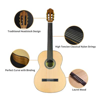 TARIO 39 Inch Fretless Classical Guitar Full Size Acoustic Guitar Spruce top Ovangkol back and sides Okoume neck laurel fingerboard image 4