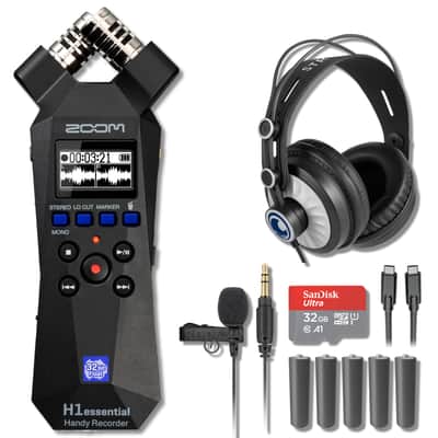 Zoom H1essential 2-Track 32-Bit Float Portable Audio Recorder with StreamEye Cans50 Professional Headphones, Lavalier GO Lav Mic, 5 AAA Batteries, USB-C to USB-C Cable and 32GB microSD Card image 1