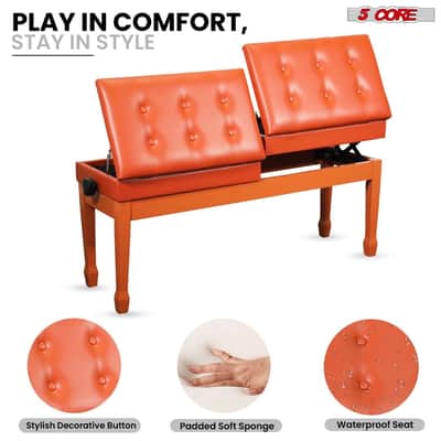 5 Core Duet Piano Bench 3.5 Inch Padded Cushioned Stool Wooden Heavy Duty Musician Chair Height Adjustable Double Keyboard Seat w Storage Nonslip Leg - PNB DT CML BRWN-Camel Brown image 7