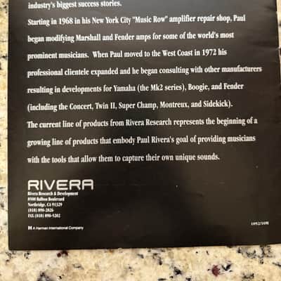 Rivera Amp Catalog 1992 s120 tac 1x12 QCUB RackTBM-1 MIDI  M100 R412 c210 M100 212 M60 S120 image 6