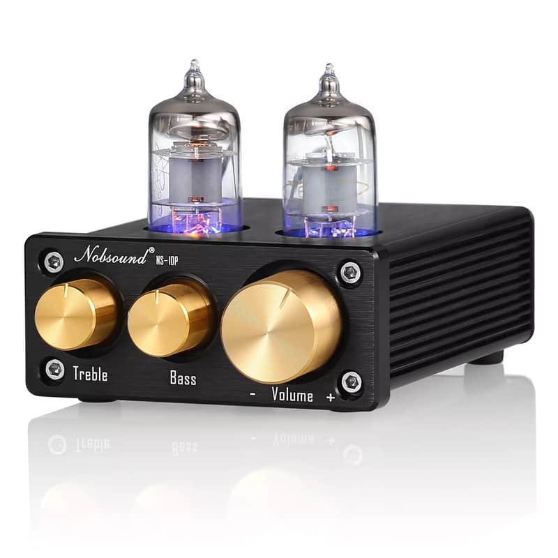 Mini Vacuum Tube Preamp HiFi Stereo Audio Pre-Amplifier with Treble & Bass Control – Black & Gold, 6J1 Tubes image 1