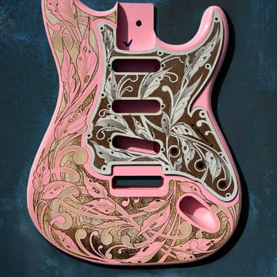 Engraved Cherry Wood Pickguard & Free Tremolo Cover Design #3 for Fender Stratocaster SSS, HSS, HSH Setups Available image 3