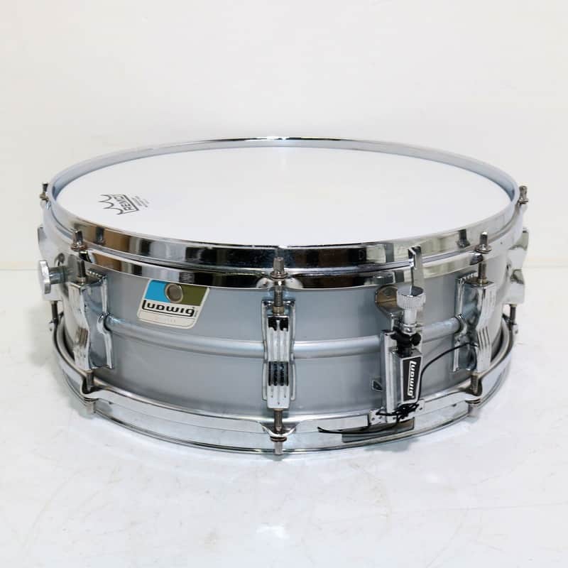 Ludwig L-404 Acrolite 5x14" Aluminum Snare with Rounded Blue/Olive Badge 1980s image 3