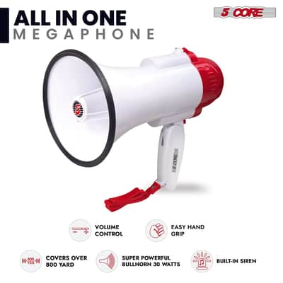 5 Core Megaphone 30W Bull Horn PA Speaker w 800 Yards Range Loud Siren Voice Amp image 7