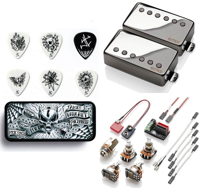 EMG F JH SET JAMES HETFIELD CHROME 52mm FLOYD ROSE SPACED 10mm SHORT SHAFT POTS ( 6 MIXED JH PICKS & TIN ) image 1