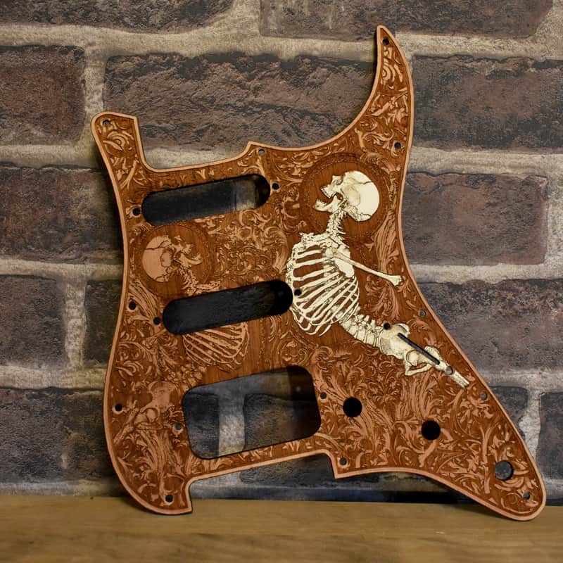 Hand-Painted Cherrywood Pickguard for Fender Stratocaster HSS/SSS – Laser-Engraved Unique 'Stumble' Design image 1