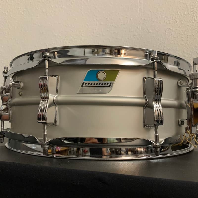 Ludwig No. 404 Acrolite 5x14" 8-Lug Aluminum Snare Drum with Pointed Blue/Olive Badge 1969 - 1979 - Matte Aluminum image 1