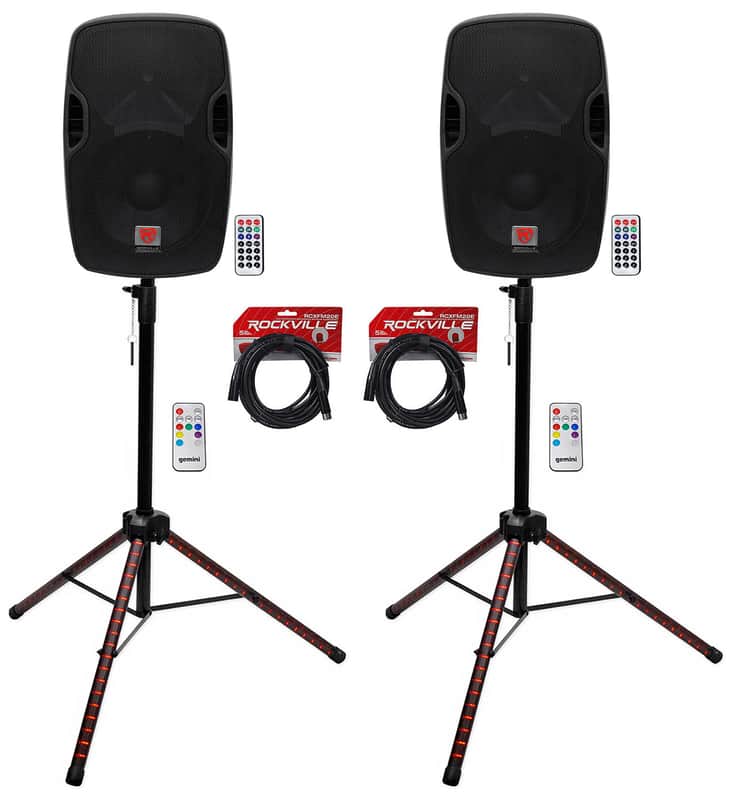 (2) Rockville BPA12 12" Powered 600w DJ PA Speakers wBluetooth+LED Stands+Cables image 1
