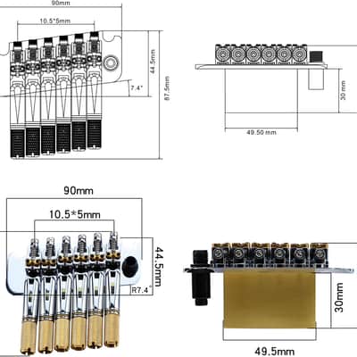 10.5mm Headless Electric Guitar Bridge Chrome Brass Block Saddle Hardened Steel Plate 2 point tremolo bridge for Fanned-fret 6 String Headless Electric Guitar Replacement parts image 6