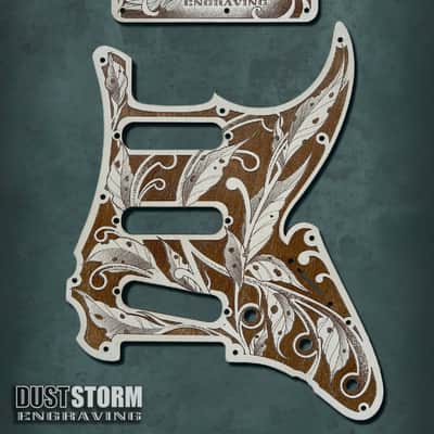 Engraved Cherry Wood Pickguard & Free Tremolo Cover Design #3 for Fender Stratocaster SSS, HSS, HSH Setups Available image 1