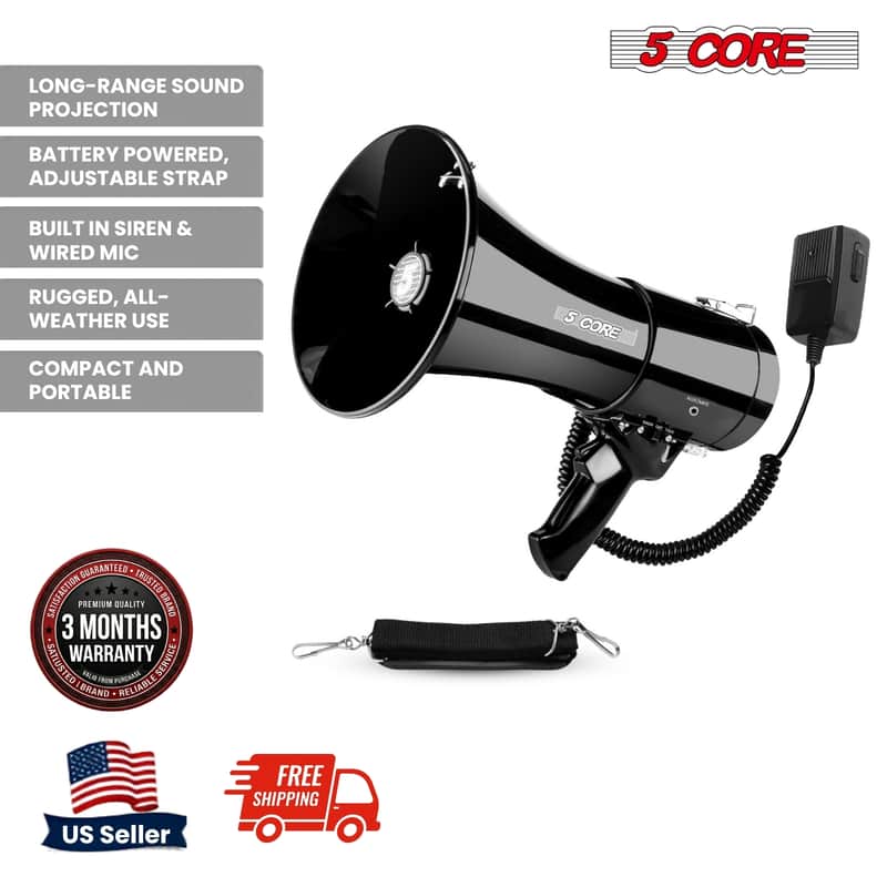5 Core Megaphone 50W Bullhorn 1100 Yards Loud Siren Maker w Adjustable Volume for Soccer Coaches image 1