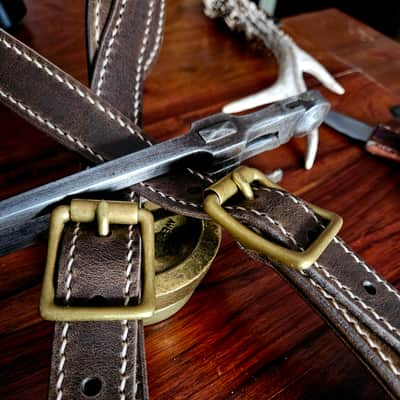 Hand Made, Hand Stitched Guitar strap "Rockatansky" in Elephant & Beige - Vegetable Tanned Leather image 6