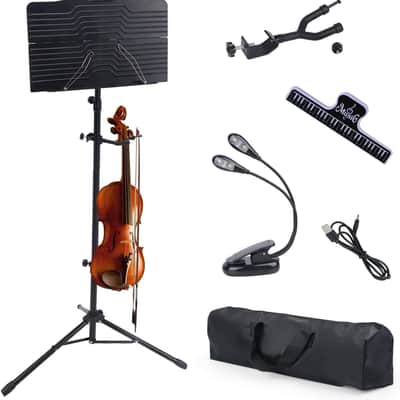 Sheet Music Stand with Violin Hanger, Portable Folding violin Stand, Foldable Music Stand for Sheet Music, Violin Music Stand with Carrying Bag, Light, Black image 1