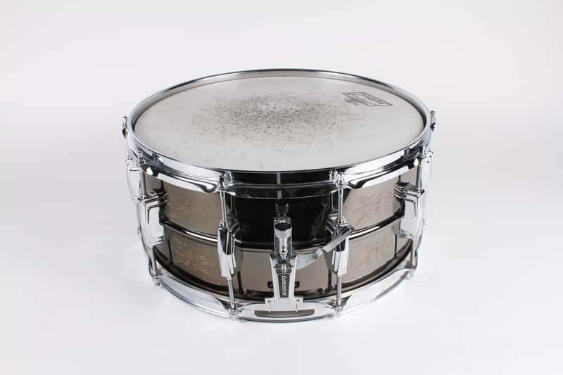 Ludwig No. 451 Engraved Black Beauty 6.5x14" Brass Snare Drum with Rounded Blue/Olive Badge 1979 - 1980 image 7
