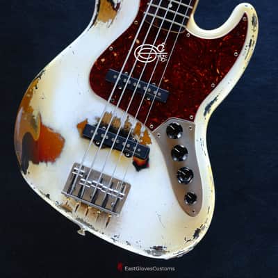 Fender Deluxe Active Jazz Bass V Vintage White on Sunburst Heavy Relic Aged image 5