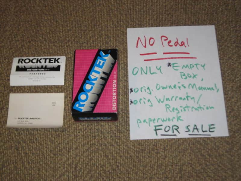 very lightly handed (very clean, but has some aging) Rocktek EMPTY BOX + original Owner's Manual & original Warranty/Registration paperwork ONLY for DIR-01 Distortion (NO pedal) mid to late 1980s, Cardboard, GRAPHICS on Lid: Pink,Blue,Black,Aged White image 1