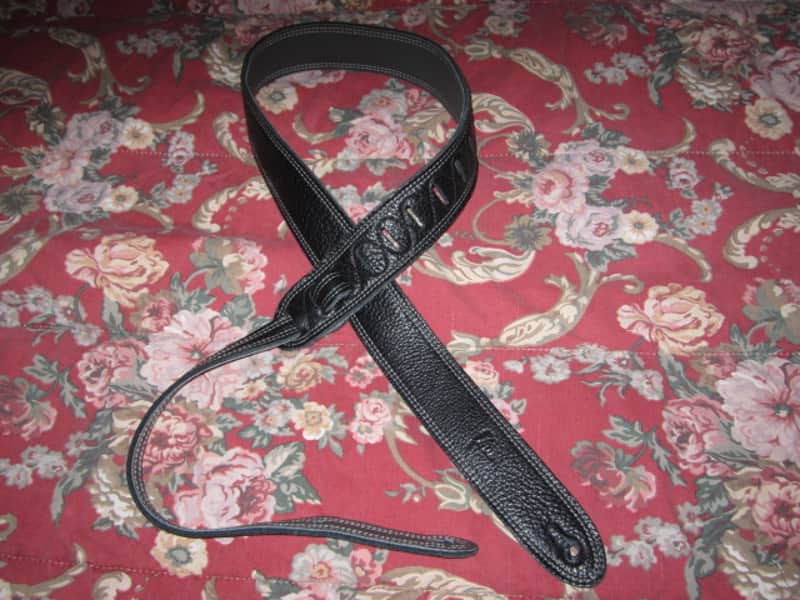 new old stock (no tags) near A+ Perri’s Leathers Ltd BM2DS Guitar Strap, 2" Reversible Black / Gray Italian Premium Leather Guitar Strap, with white double stitching, entire strap is leather padded, Adjustable Length from 42" to 56" image 1
