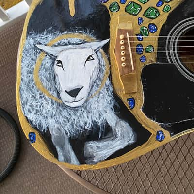 Custom Hand Painted Ibanez Deadnaught Guitar with Medieval Angus Dei Lamb of God design image 17