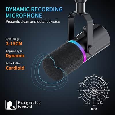 USB Dynamic Microphone for Podcast Recording PC Computer Gaming Live Streaming Vocal Voice-Over, Studio Metal Mic with Voice-Isolating, RGB Light, Mute Button, Headphones Jack image 2