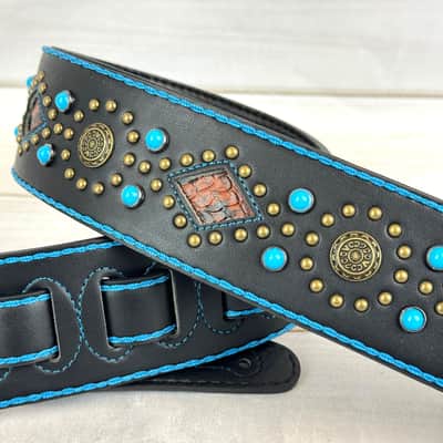 Walker & Williams GTR-20-BLU Sedona Special Turquoise Blue On Black Padded Strap With Brass Studs & Rivets For Acoustic Electric And Bass Guitars image 5