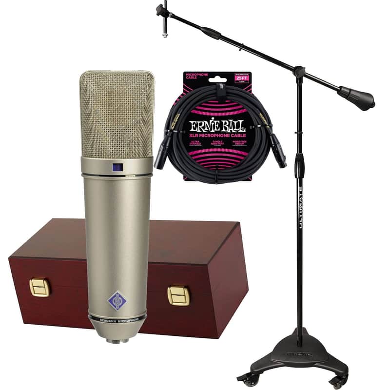 Neumann U 87 Ai Large-diaphragm Condenser Mic(Nickel), Ultimate Support MC-125, ErnieBall XLR Cable Bundle