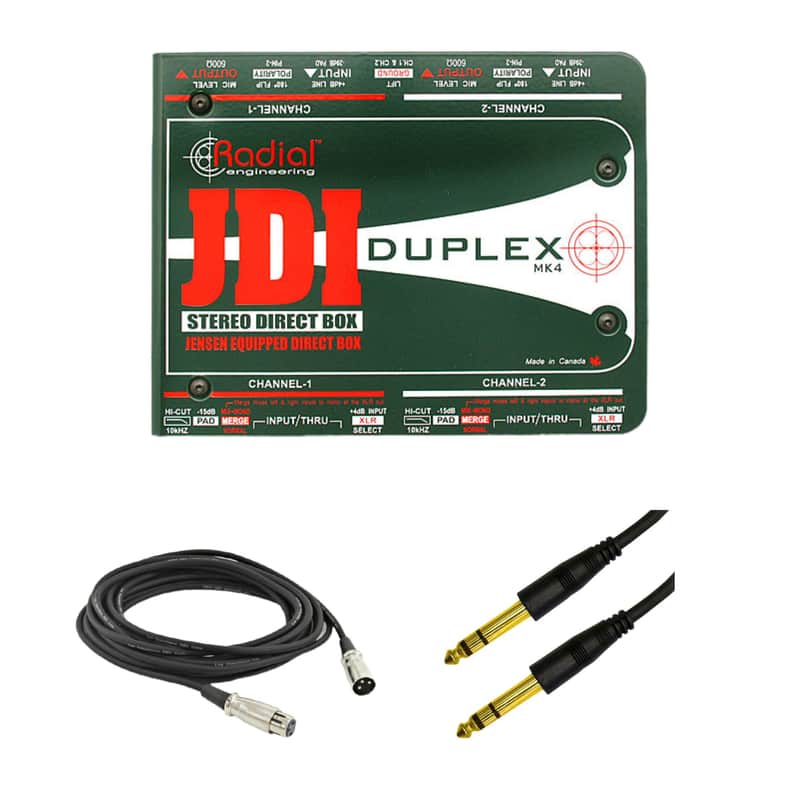 Radial Engineering JDI Duplex 2-Channel Passive Instrument Direct Box with 2x XLR Cables & 2x 1/4" Stereo Plug Cables image 1