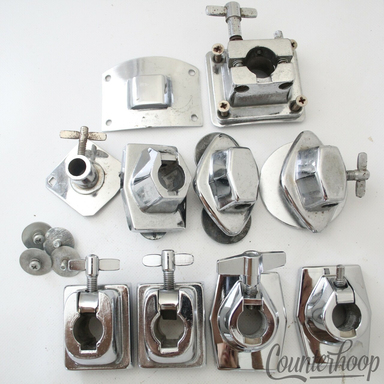 Pearl 10x Tom Drum Mounts Japan Chrome L-Arm+Clip+Tube Post Vintage 60s-70s-80s — main photograph