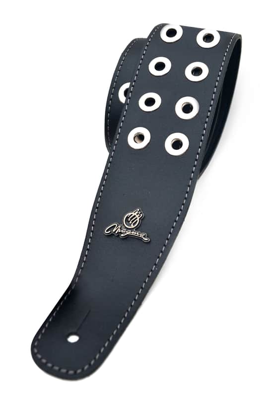 Magma Leathers 2.52" Delux Argentinean Black Leather with Metal Inlays Guitar Strap (07MH05.) image 1