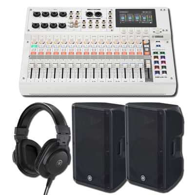 Yamaha MGX16 W 22-Channel Digital Mixing Console White PA Bundle with Two DBR15 15-Inch 1,000W Powered Speakers and HPH-MT5 Closed-Back Monitor Headphones image 1