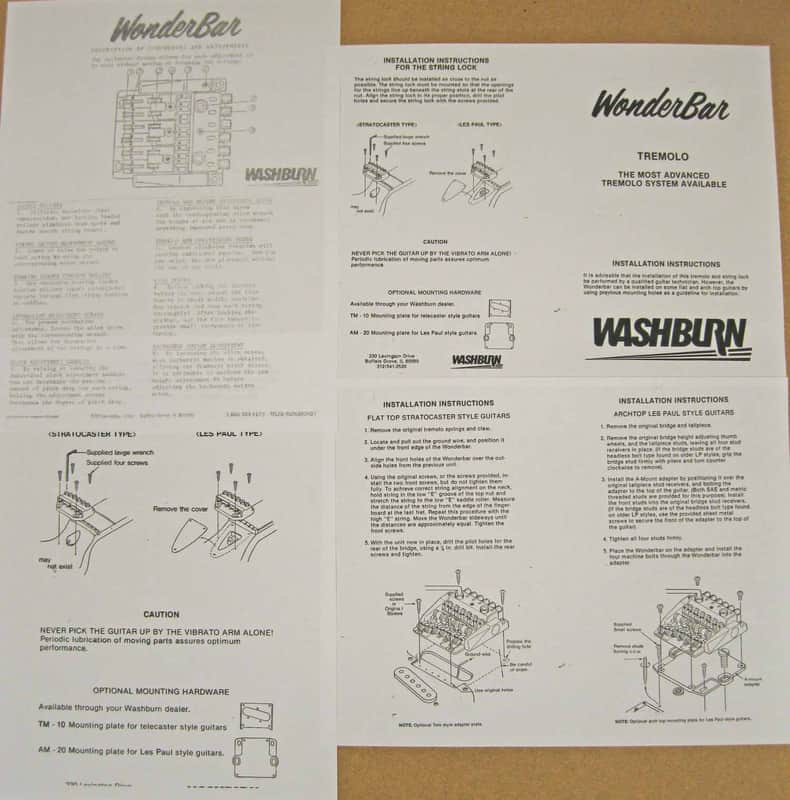 Washburn Wonderbar Vibrato System User / Installation Manual 1990's image 1