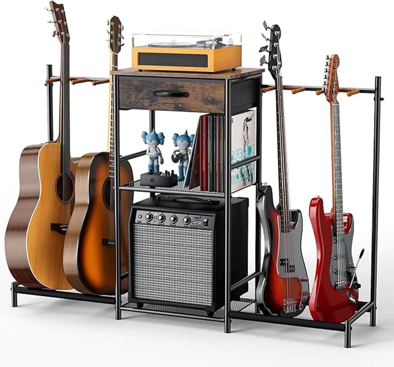 Guitar Stands Floor with 4 Guitar Holders, 3-Tier Guitar Stand Multiple Guitars, Guitar Rack with Amp Stand & Cloth Drawer, Multi Guitar Stand for Music Studio, Guitar Accessories gift for Music Lover image 1