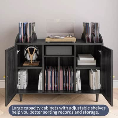 Record Player Stand & Vinyl Storage Cabinet – Mid-Century Modern Design, Brown with Wicker Rattan Doors image 2