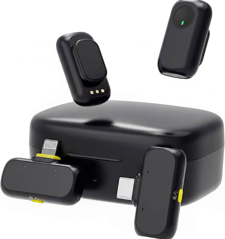 Wireless Mini Microphone for iPhone & Android, 48kHz/24-bit, 3-Level Intelligent Noise Cancel, Microphone for YouTube, Podcast, Vlogging (Black, 2TX + 2RX + Charging Case) image 1