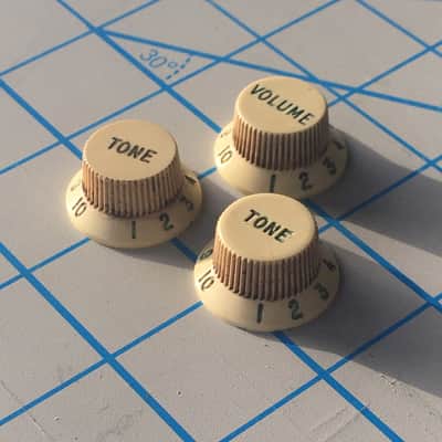 3 Spoke Fender American Vintage Reissue Strat Knobs White Aged Relic Green Fonts image 1