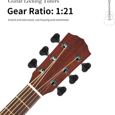 3R3L Guitar Locking Tuners 1:21 Lock String Tuning Key Pegs Machine Head Fish Tail Style Tuner Replacement for Electric Folk or Acoustic Guitars (Black) image 2