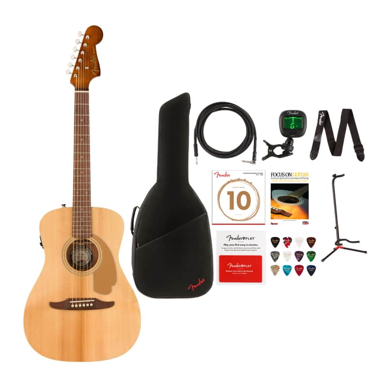 Fender Malibu Player 6-String Acoustic Guitar (Right-Hand, Natural) with Gig Bag, Instrument Cable, Guitar Stand, Clip-On Tuner, Guitar Strings, Guitar Learning Book, Strap Bundle image 1